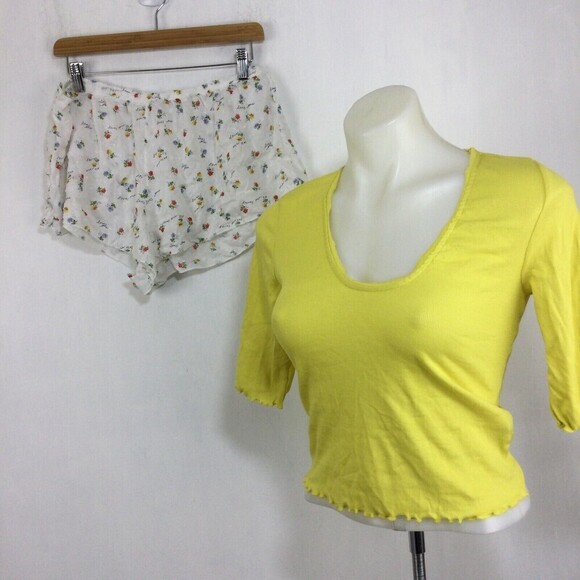 Free People Up Late Yellow Crop Top & Ivory Floral Shorts Pajama Set Size Large - Picture 1 of 11